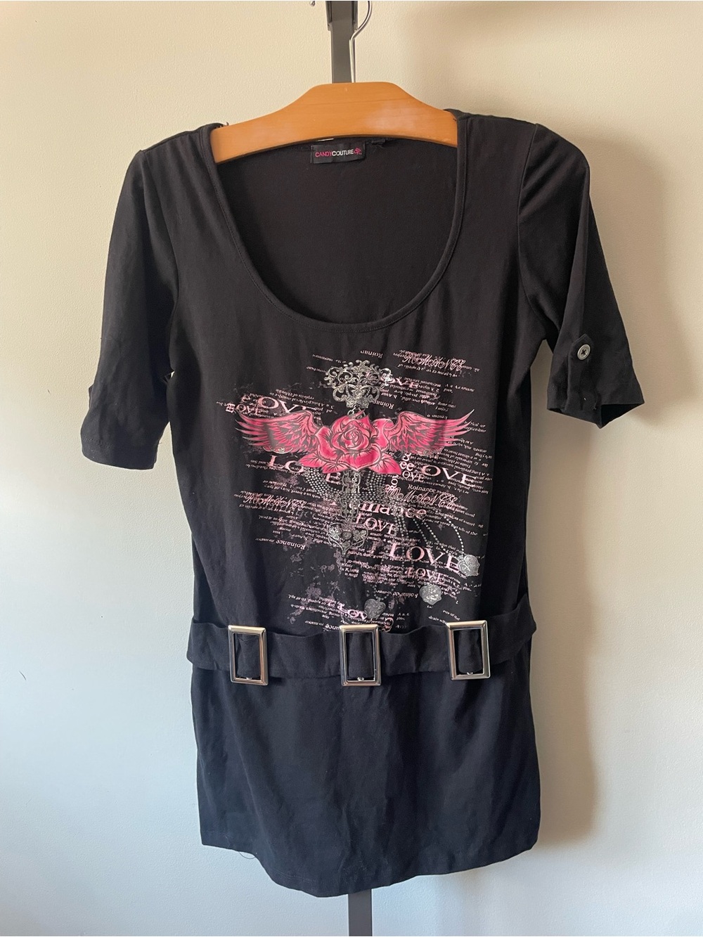 Y2K Vintage Candy Couture Love Graphic Belted Tunic Top Tee Tshirt Large